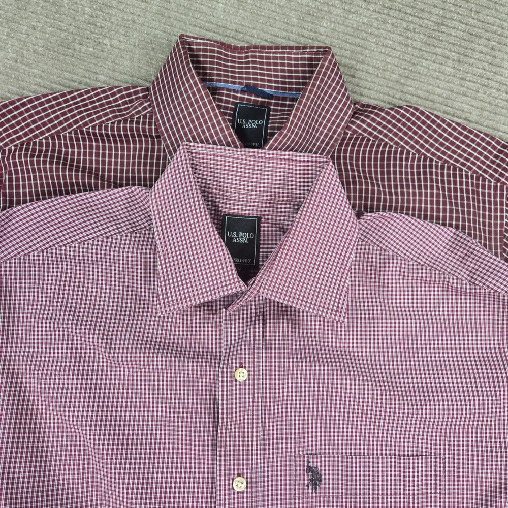 U.S. Polo Assn Mens M Burgundy Grid & Check Wrinkle Free Button Down Shirts Lot